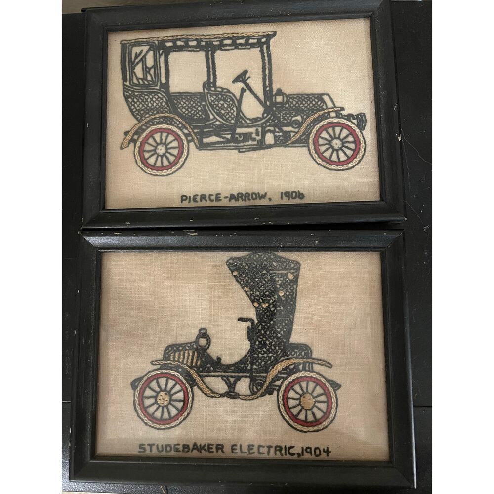 Pair of Vintage Needlepoint Classic Car Framed Artwork–Pierce-Arrow & Studebaker